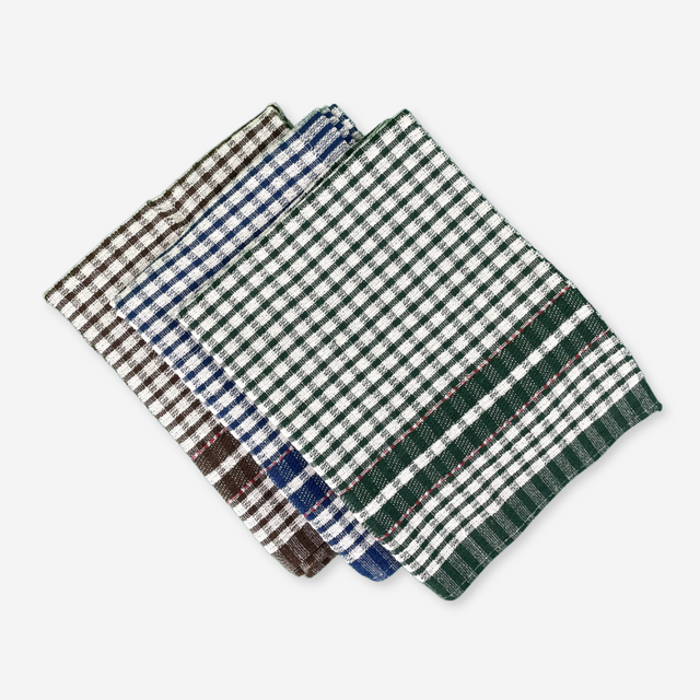 Folded tea towels, 3 on top of each other, green, blue and burgundy.