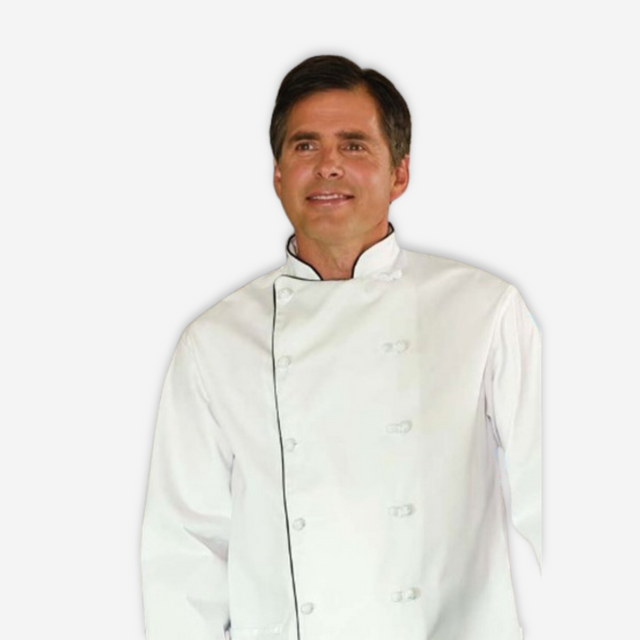 Man wearing a white chef coat with black trims.