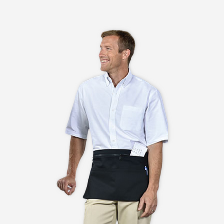 Men in a white shirt featuring a zippered black waist apron