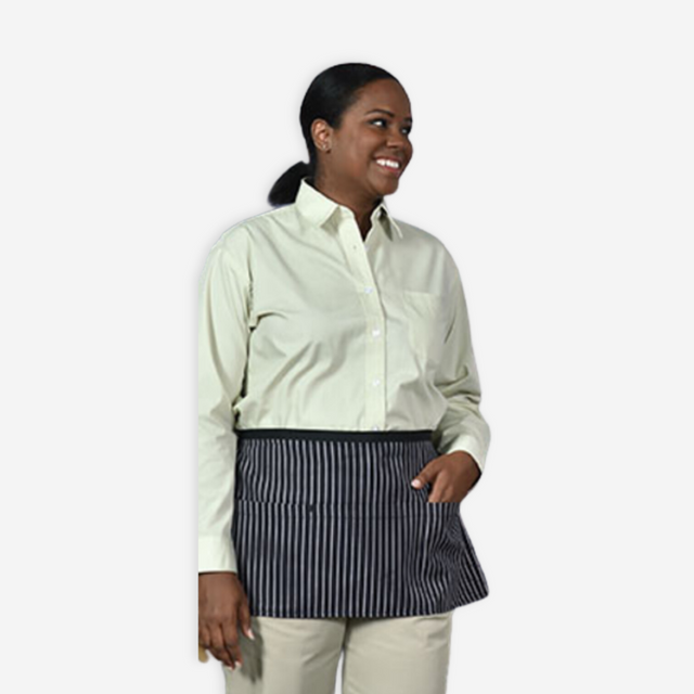Women with a white shirt featuring a striped apron.