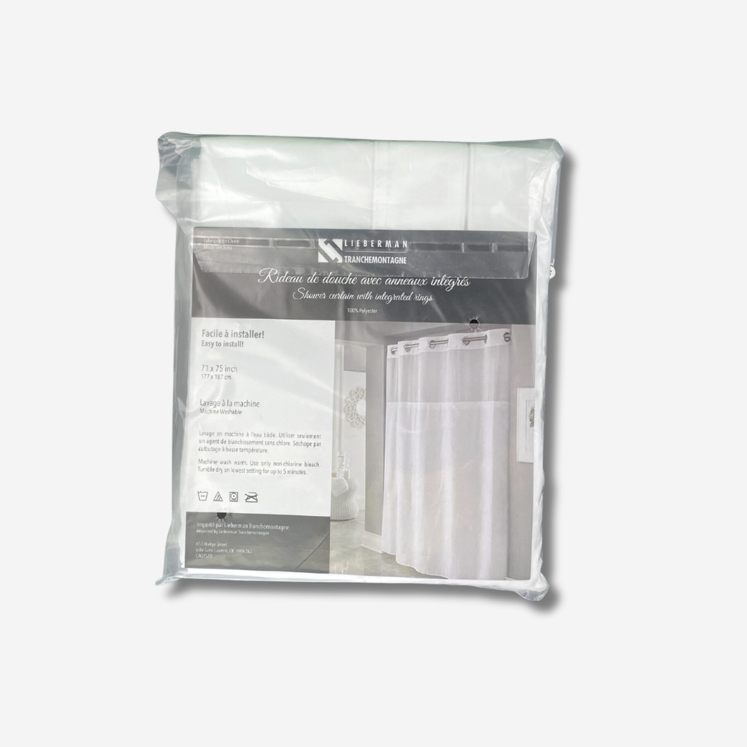 Hookless white shower curtain in package.